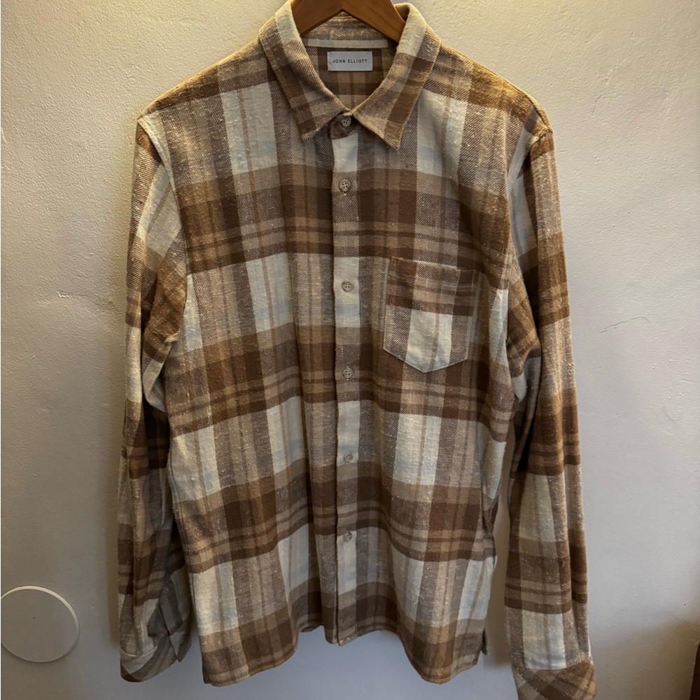 John Elliott Beige and Brown Plaid Shirt